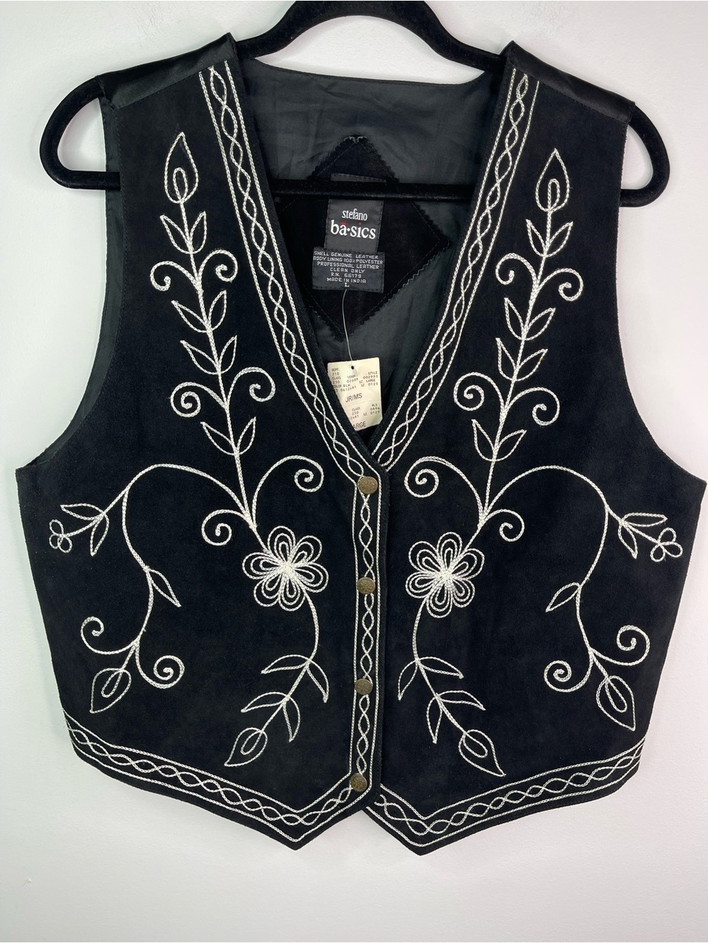 Vintage Black Floral Embroidered Suede Vest Size Large